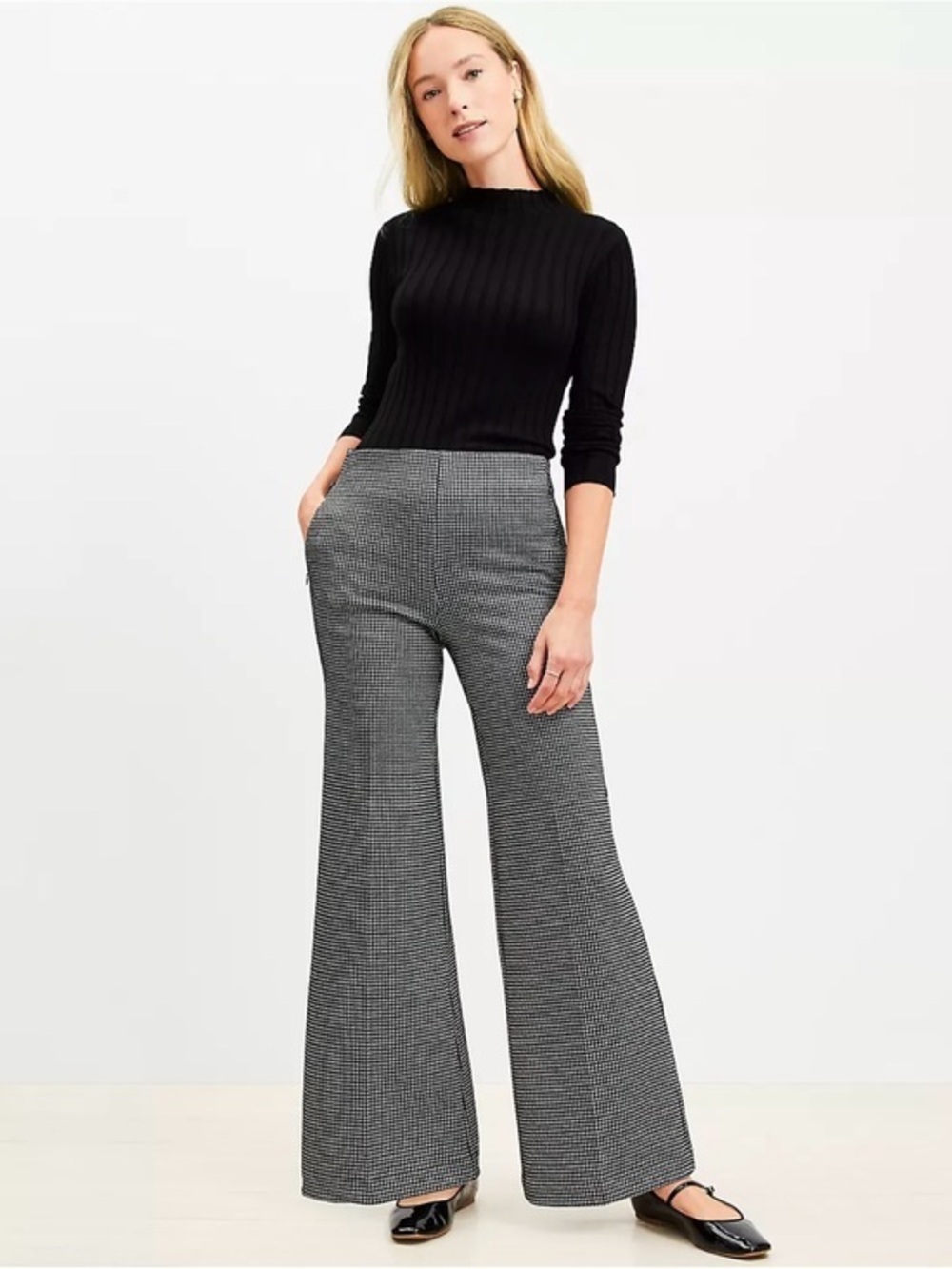 NWOT Loft Petites Small Wide Leg Dress Pants SP Houndstooth Black Ponte Pull On